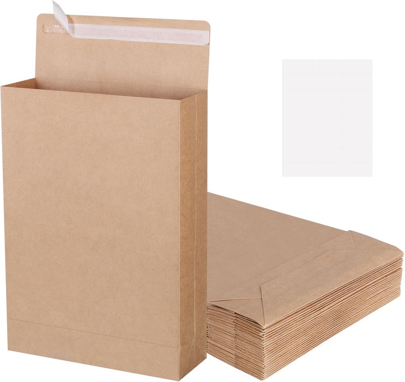 zmybcpack 25 Pack 9.4" x 13.2" Large Kraft Expandable Catalog Envelopes, Self Seal Manilla Envelopes Mailing for Documents, Magazines, Photos (Extra labels for Use) - Image 1